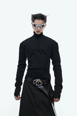 Heavy-Duty Armor-Inspired Black High Neck Long Sleeve Top - Slim Fit & Versatile - 5SION