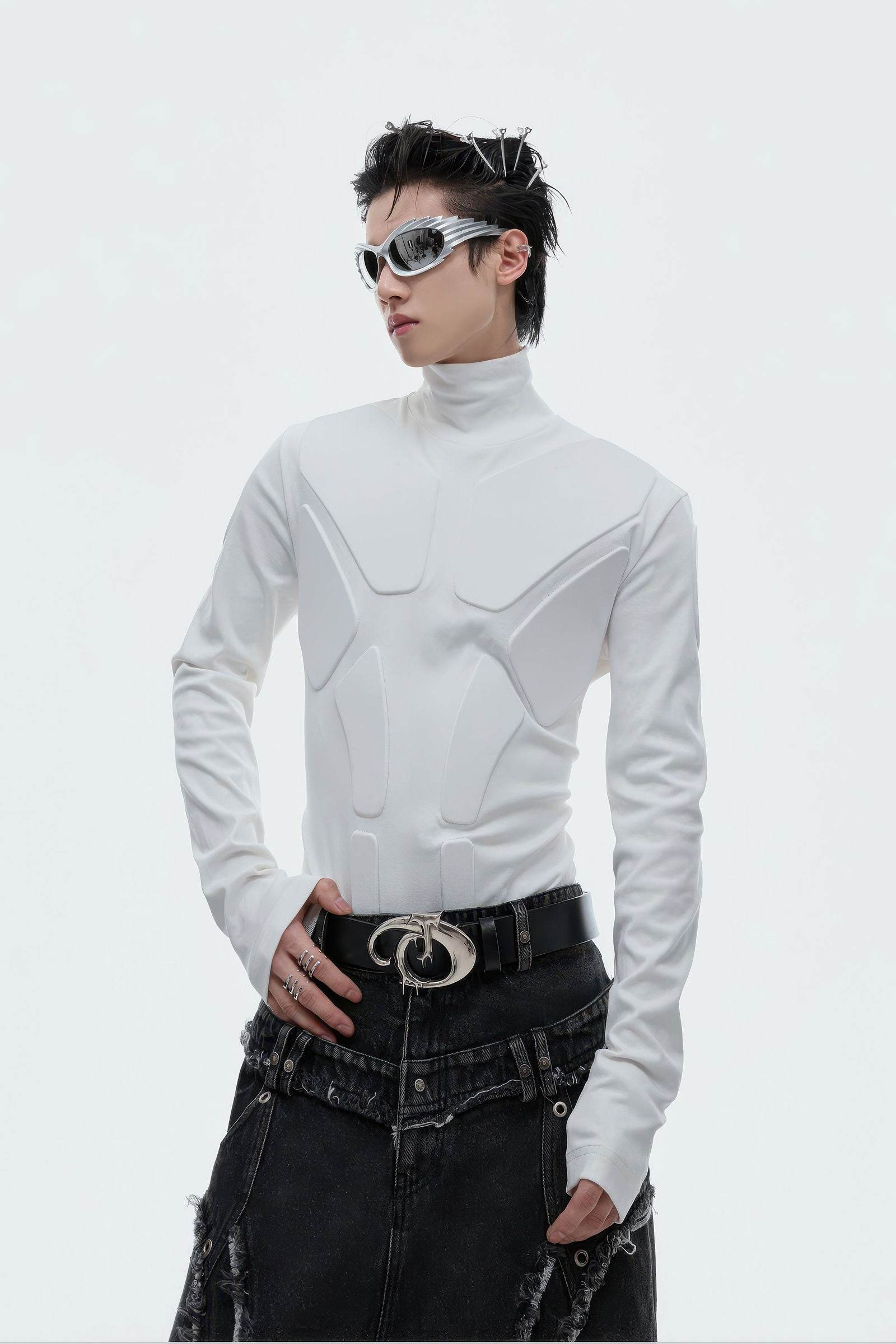 Heavy-Duty Armor-Inspired Black High Neck Long Sleeve Top - Slim Fit & Versatile - 5SION