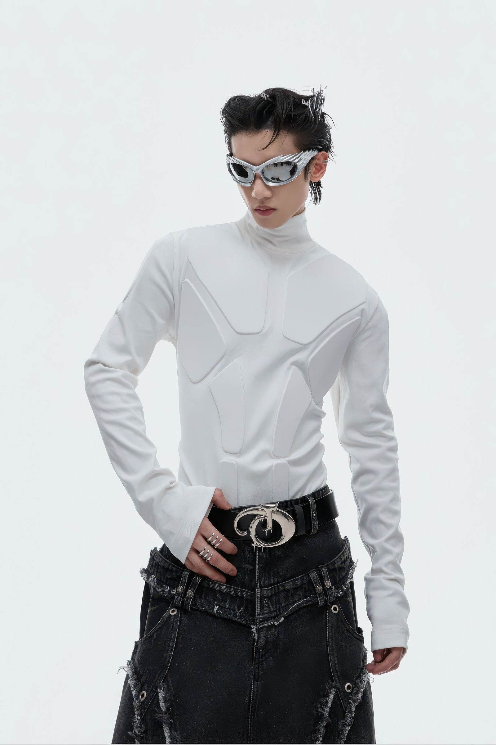 Heavy-Duty Armor-Inspired Black High Neck Long Sleeve Top - Slim Fit & Versatile - 5SION
