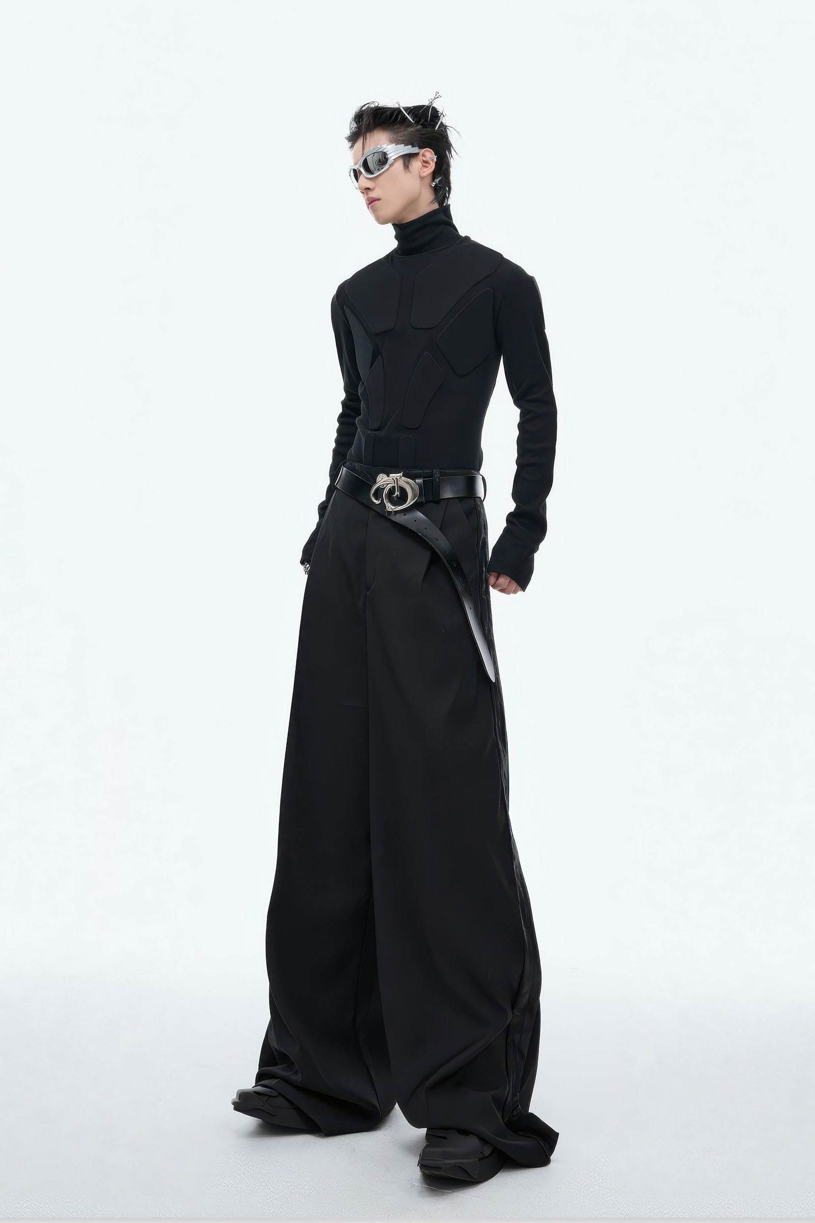 Heavy-Duty Armor-Inspired Black High Neck Long Sleeve Top - Slim Fit & Versatile - 5SION