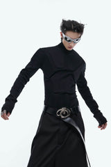 Heavy-Duty Armor-Inspired Black High Neck Long Sleeve Top - Slim Fit & Versatile - 5SION