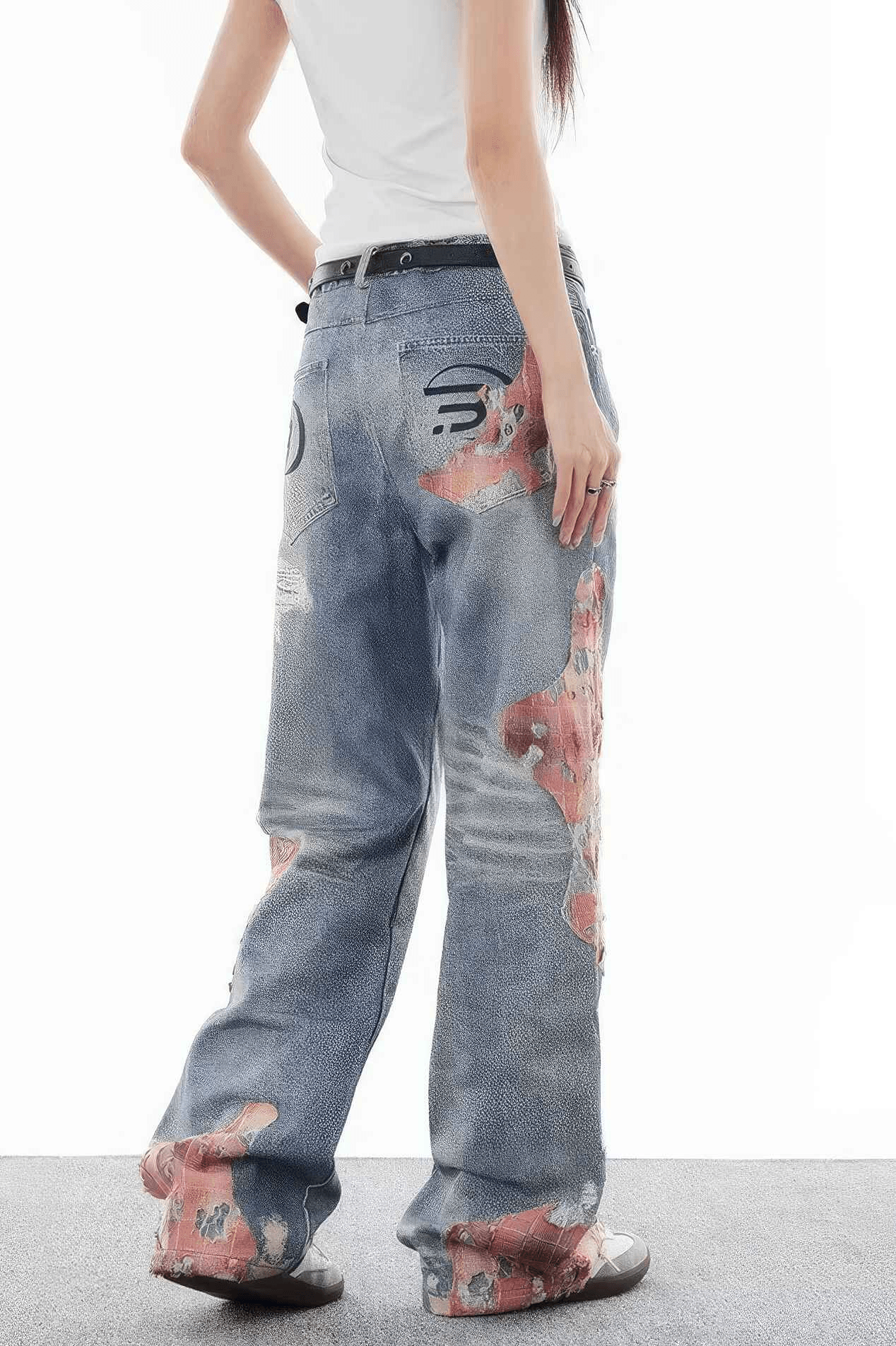 Lace & Flame Patchwork Denim Pants - Wide-Leg, Washed Look - 5SION