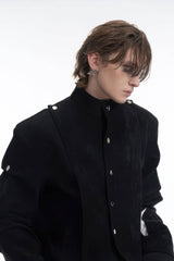 Men's Black Suede Short Jacket - Spring Crinkle Sleeve Coat - 5SION