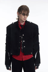 Men's Black Suede Short Jacket - Spring Crinkle Sleeve Coat - 5SION