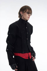 Men's Black Suede Short Jacket - Spring Crinkle Sleeve Coat - 5SION