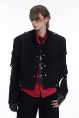 Men's Black Suede Short Jacket - Spring Crinkle Sleeve Coat - 5SION