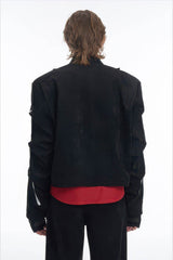 Men's Black Suede Short Jacket - Spring Crinkle Sleeve Coat - 5SION