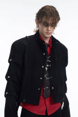 Men's Black Suede Short Jacket - Spring Crinkle Sleeve Coat - 5SION