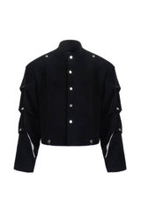 Men's Black Suede Short Jacket - Spring Crinkle Sleeve Coat - 5SION