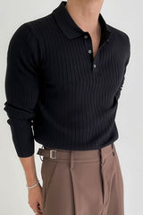 Men's Knit Polo Shirt - Muscle Fit Striped Long Sleeve Top - 5SION