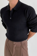 Men's Knit Polo Shirt - Muscle Fit Striped Long Sleeve Top - 5SION