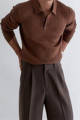 Men's Knit Polo Shirt - Muscle Fit Striped Long Sleeve Top - 5SION