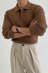 Men's Knit Polo Shirt - Muscle Fit Striped Long Sleeve Top - 5SION