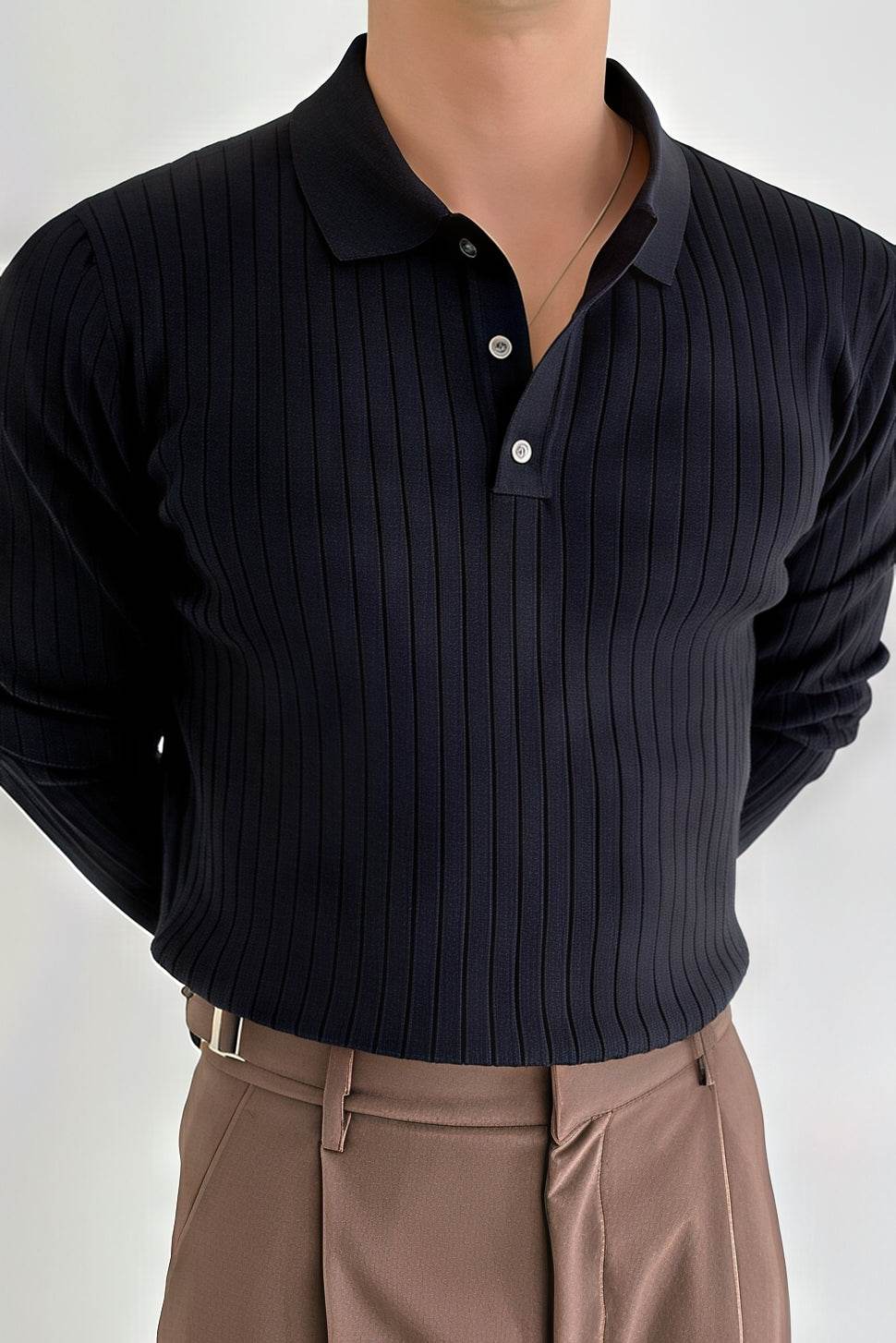 Men's Knit Polo Shirt - Muscle Fit Striped Long Sleeve Top - 5SION