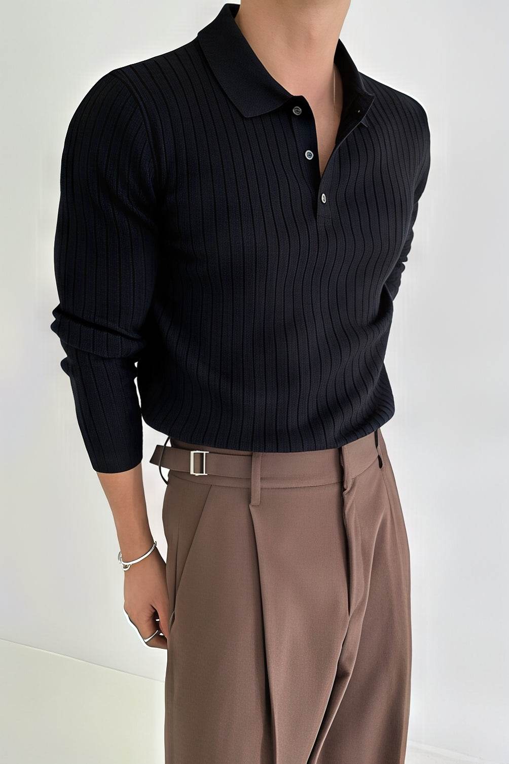 Men's Knit Polo Shirt - Muscle Fit Striped Long Sleeve Top - 5SION