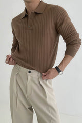 Men's Knit Polo Shirt - Muscle Fit Striped Long Sleeve Top - 5SION