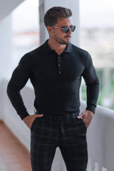 Men's Knit Polo Shirt - Muscle Fit Striped Long Sleeve Top - 5SION