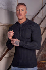 Men's Knit Polo Shirt - Muscle Fit Striped Long Sleeve Top - 5SION