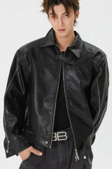 Men's Double Zipper Shoulder-Padded Leather Jacket - 5SION
