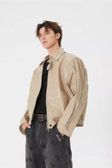 Men's Double Zipper Shoulder-Padded Leather Jacket - 5SION