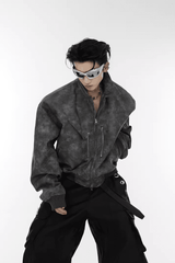 Men’s Trendy Polka Dot Gradient Pink Bomber Jacket with Shoulder Pads & Zipper Details - 5SION