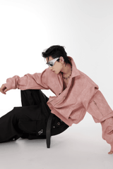 Men’s Trendy Polka Dot Gradient Pink Bomber Jacket with Shoulder Pads & Zipper Details - 5SION