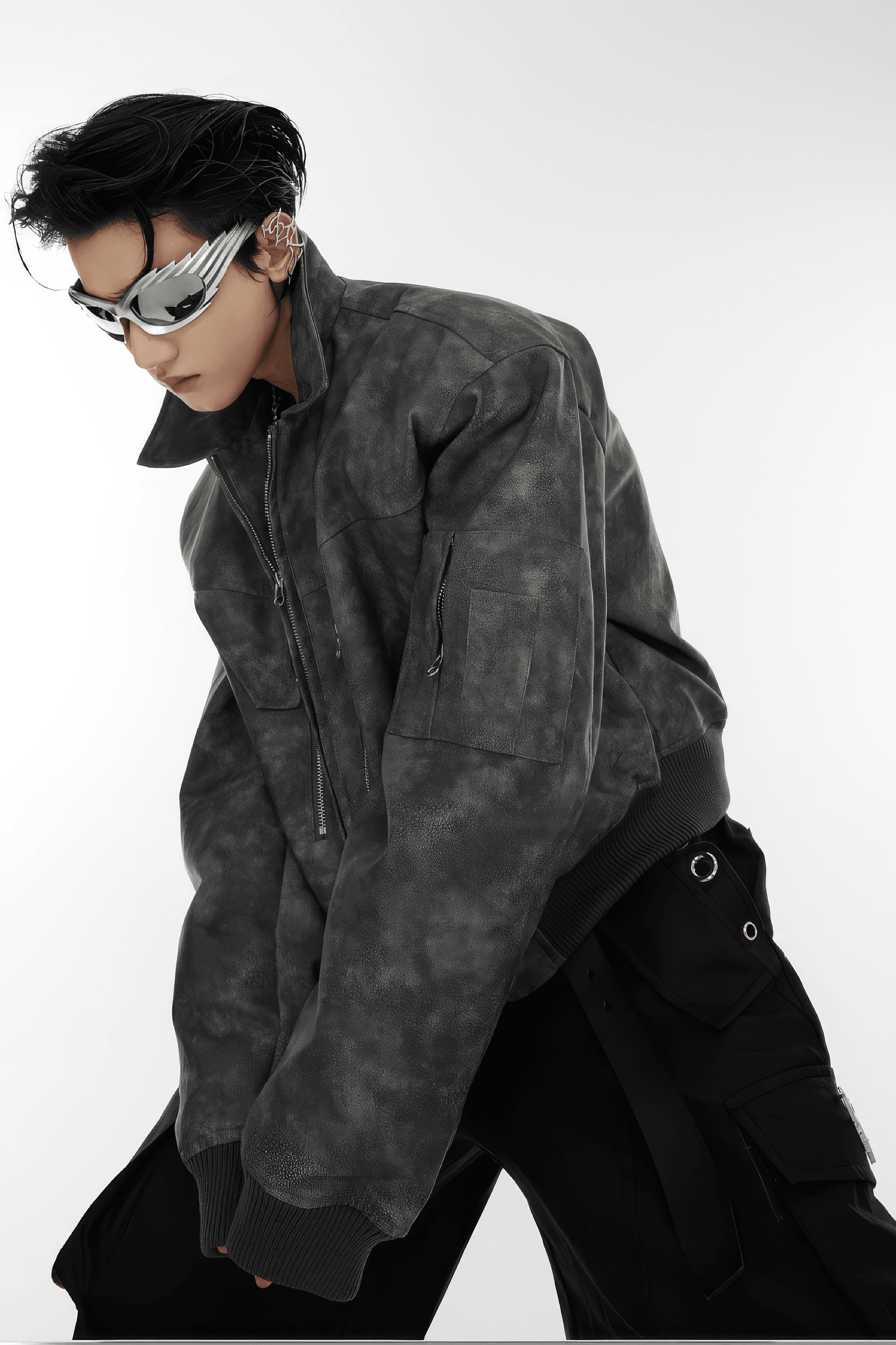 Men’s Trendy Polka Dot Gradient Pink Bomber Jacket with Shoulder Pads & Zipper Details - 5SION