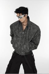 Men’s Trendy Polka Dot Gradient Pink Bomber Jacket with Shoulder Pads & Zipper Details - 5SION