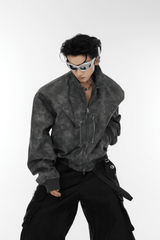 Men’s Trendy Polka Dot Gradient Pink Bomber Jacket with Shoulder Pads & Zipper Details - 5SION