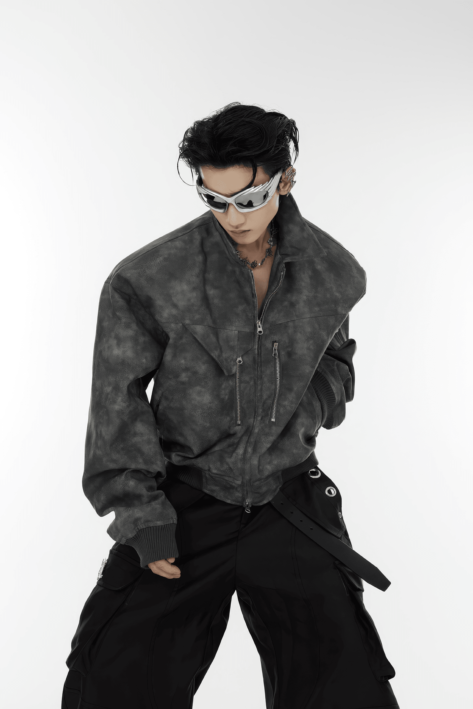 Men’s Trendy Polka Dot Gradient Pink Bomber Jacket with Shoulder Pads & Zipper Details - 5SION