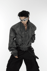 Men’s Trendy Polka Dot Gradient Pink Bomber Jacket with Shoulder Pads & Zipper Details - 5SION