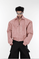 Men’s Trendy Polka Dot Gradient Pink Bomber Jacket with Shoulder Pads & Zipper Details - 5SION
