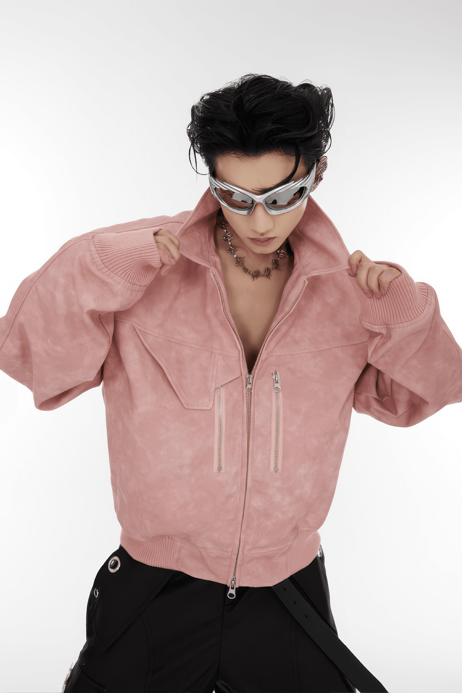 Men’s Trendy Polka Dot Gradient Pink Bomber Jacket with Shoulder Pads & Zipper Details - 5SION