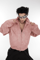 Men’s Trendy Polka Dot Gradient Pink Bomber Jacket with Shoulder Pads & Zipper Details - 5SION