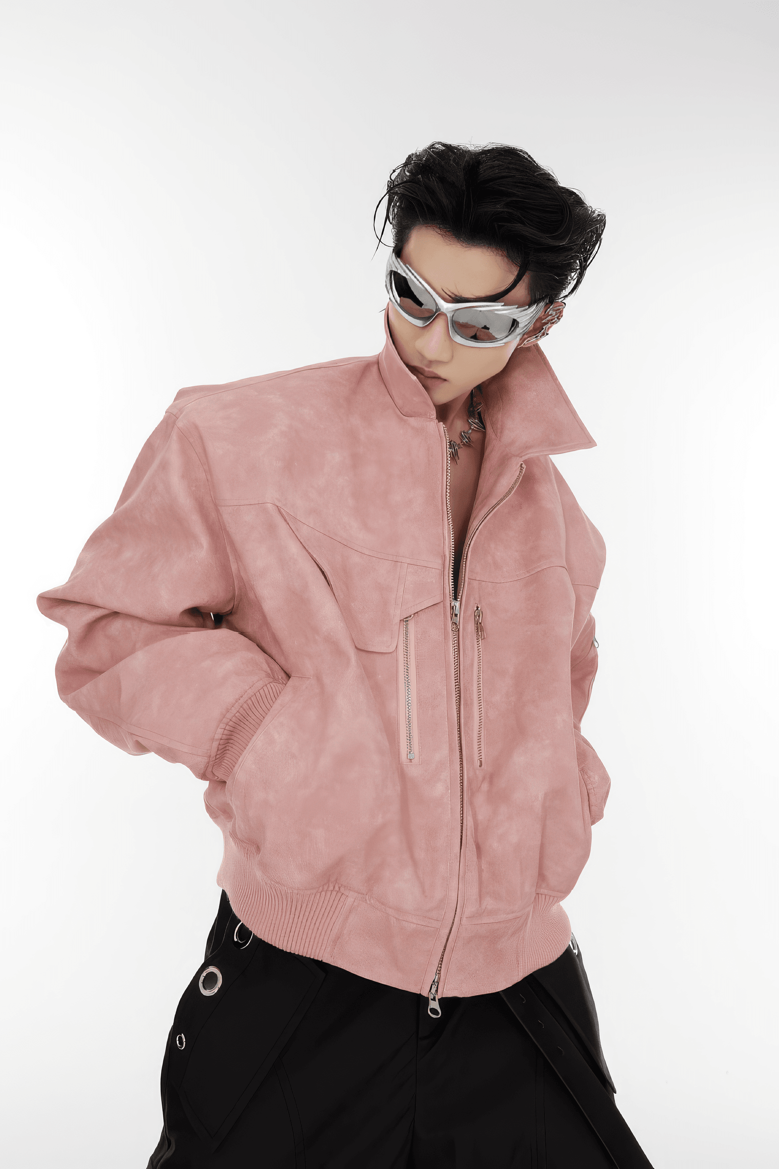 Men’s Trendy Polka Dot Gradient Pink Bomber Jacket with Shoulder Pads & Zipper Details - 5SION