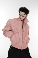 Men’s Trendy Polka Dot Gradient Pink Bomber Jacket with Shoulder Pads & Zipper Details - 5SION