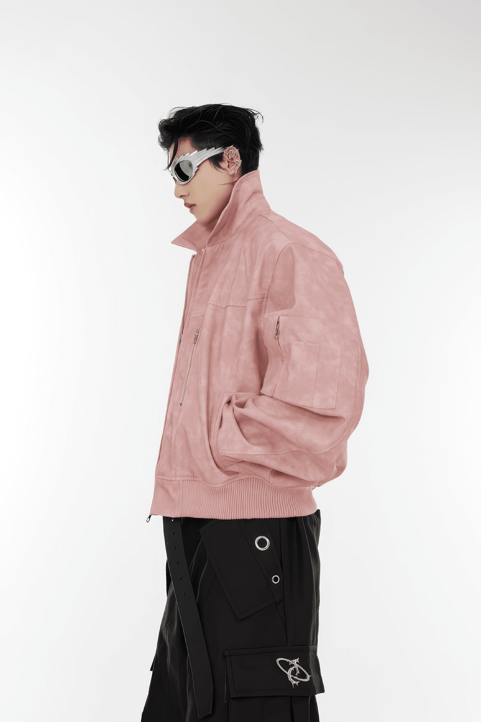 Men’s Trendy Polka Dot Gradient Pink Bomber Jacket with Shoulder Pads & Zipper Details - 5SION