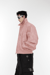 Men’s Trendy Polka Dot Gradient Pink Bomber Jacket with Shoulder Pads & Zipper Details - 5SION