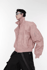 Men’s Trendy Polka Dot Gradient Pink Bomber Jacket with Shoulder Pads & Zipper Details - 5SION