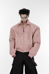 Men’s Trendy Polka Dot Gradient Pink Bomber Jacket with Shoulder Pads & Zipper Details - 5SION