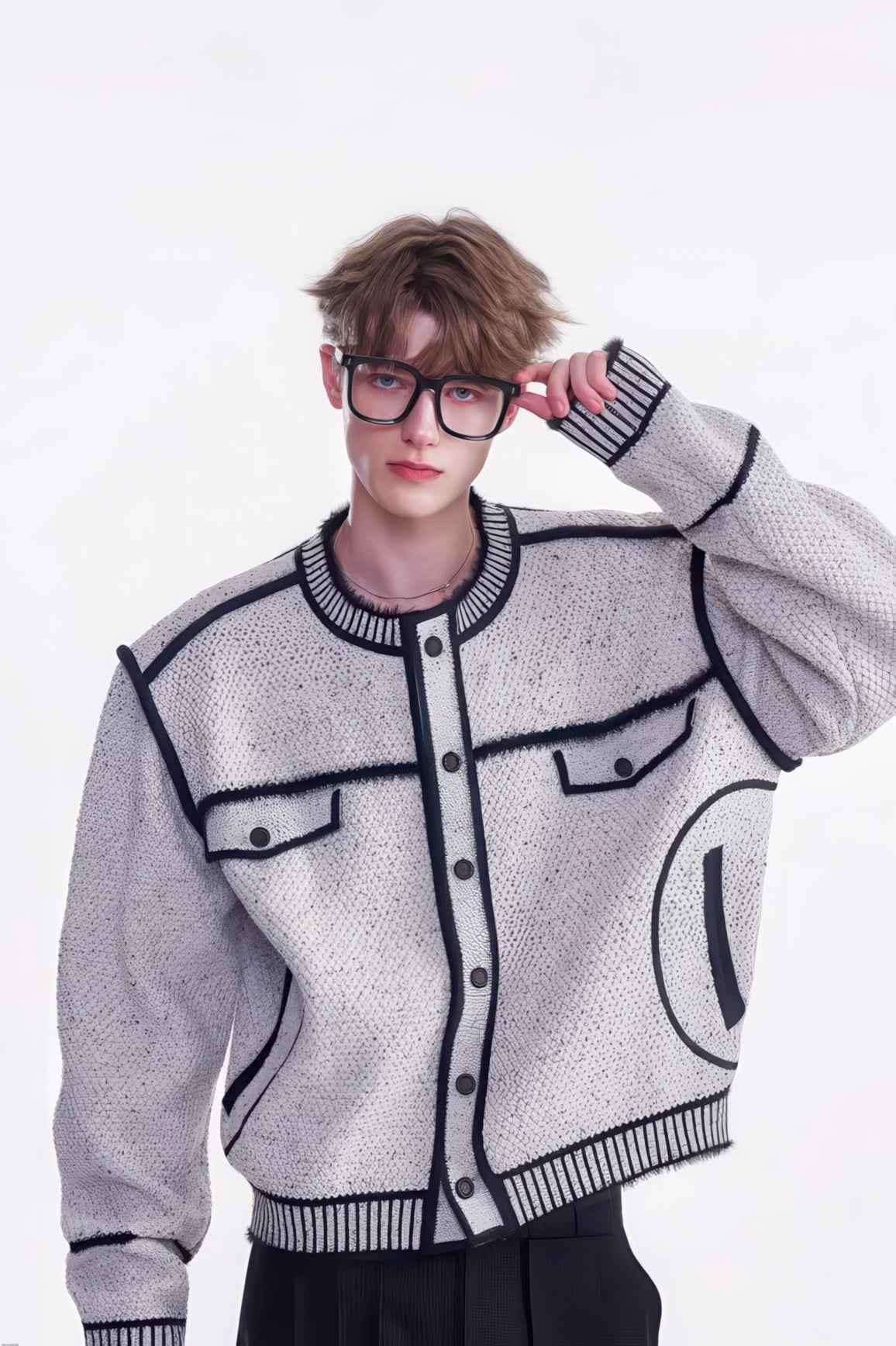 Knitted Sweater Jacket with Mark Pen Design - 5SION