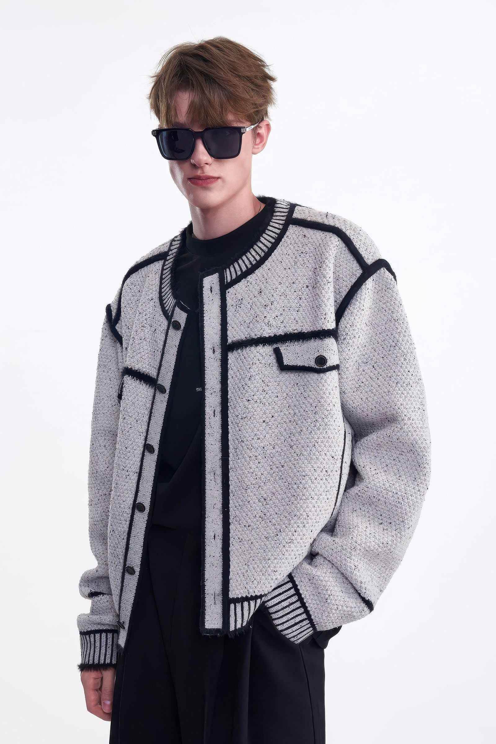 Knitted Sweater Jacket with Mark Pen Design - 5SION