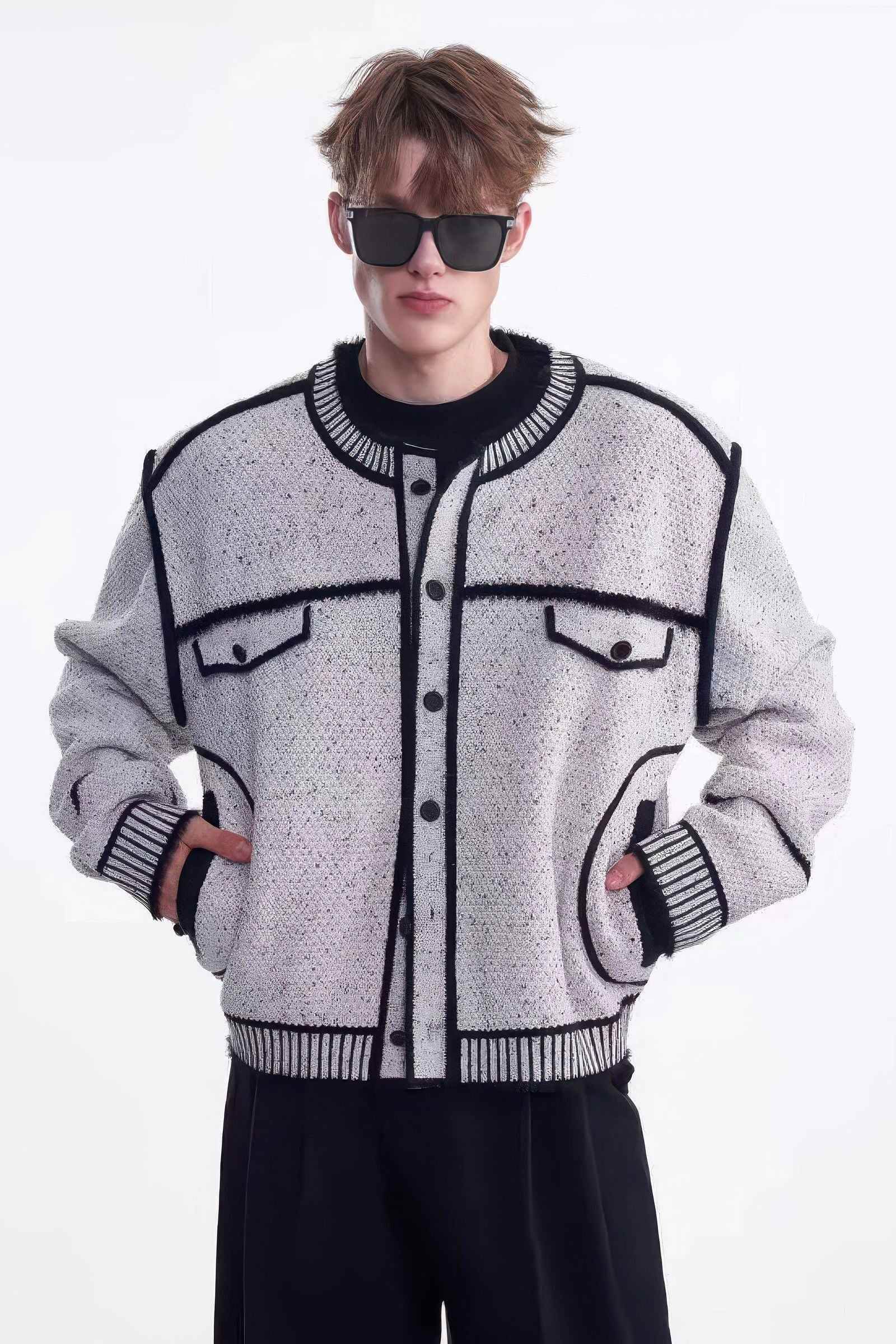 Knitted Sweater Jacket with Mark Pen Design - 5SION