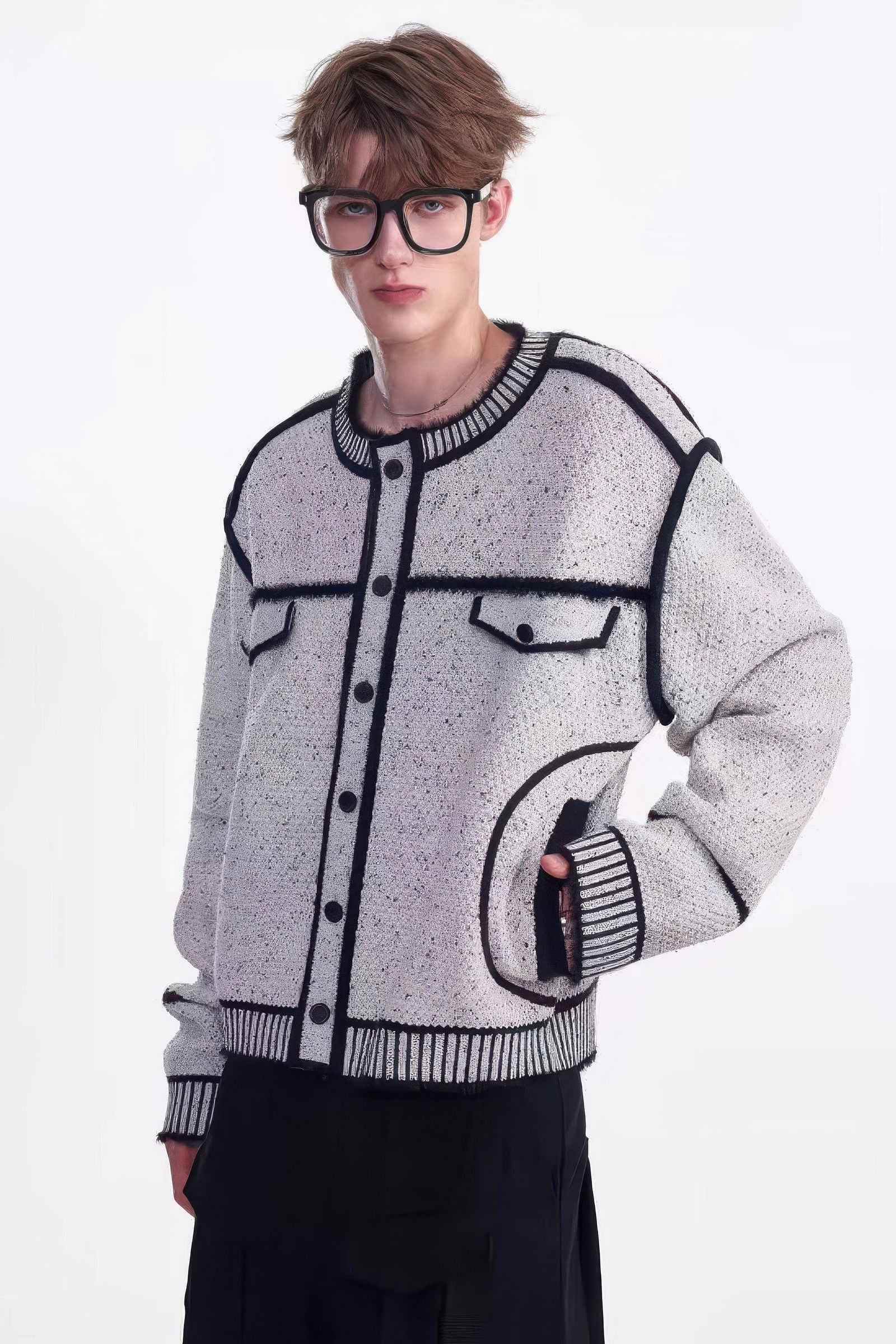 Knitted Sweater Jacket with Mark Pen Design - 5SION