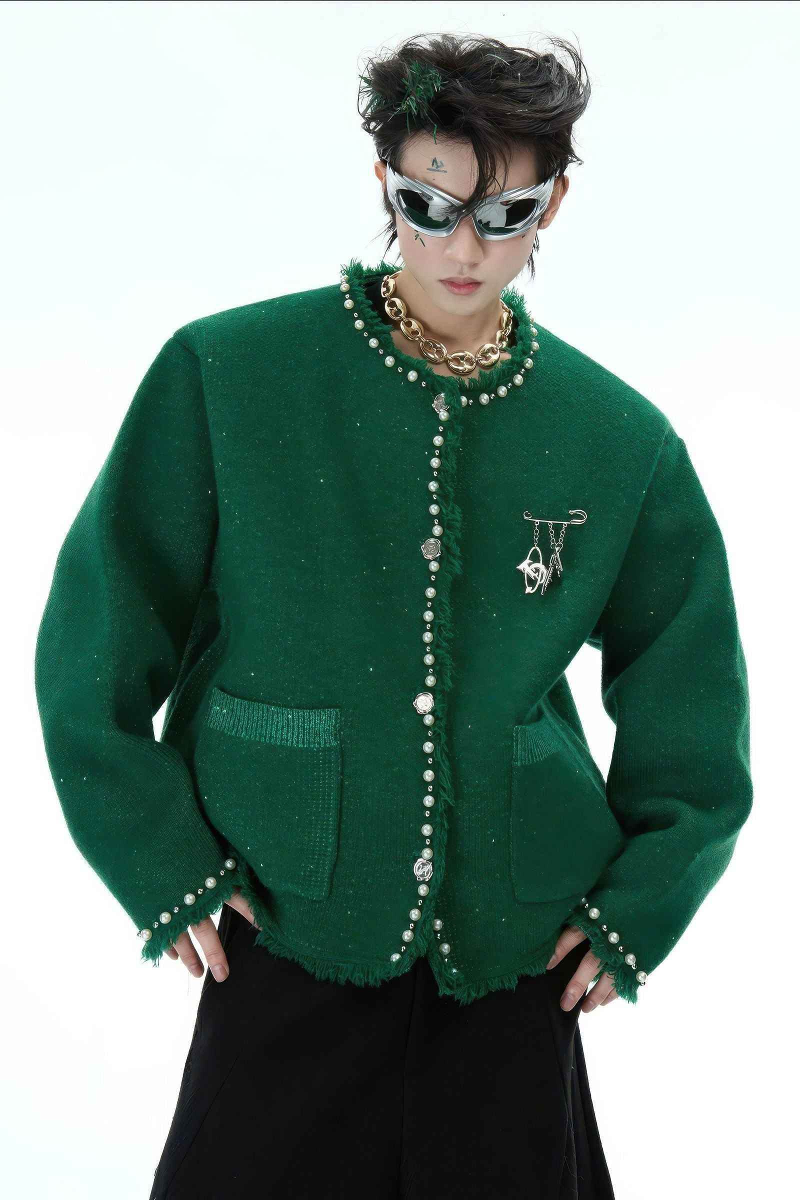 Minimalist Pearl-Decorated Knitted Sweater Jacket with Brooch Accent - 5SION