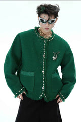 Minimalist Pearl-Decorated Knitted Sweater Jacket with Brooch Accent - 5SION
