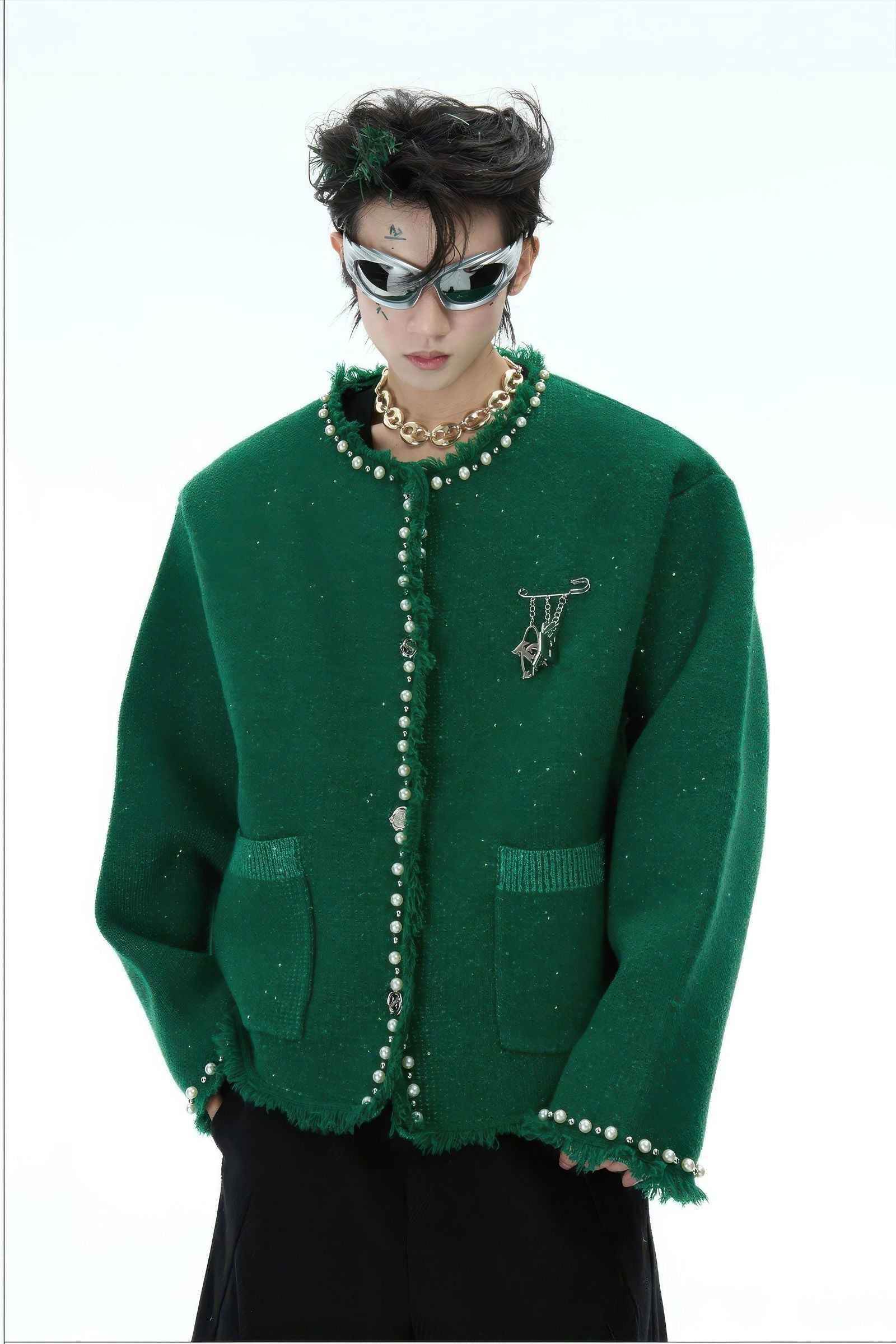 Minimalist Pearl-Decorated Knitted Sweater Jacket with Brooch Accent - 5SION