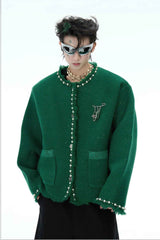 Minimalist Pearl-Decorated Knitted Sweater Jacket with Brooch Accent - 5SION
