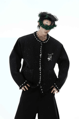Minimalist Pearl-Decorated Knitted Sweater Jacket with Brooch Accent - 5SION