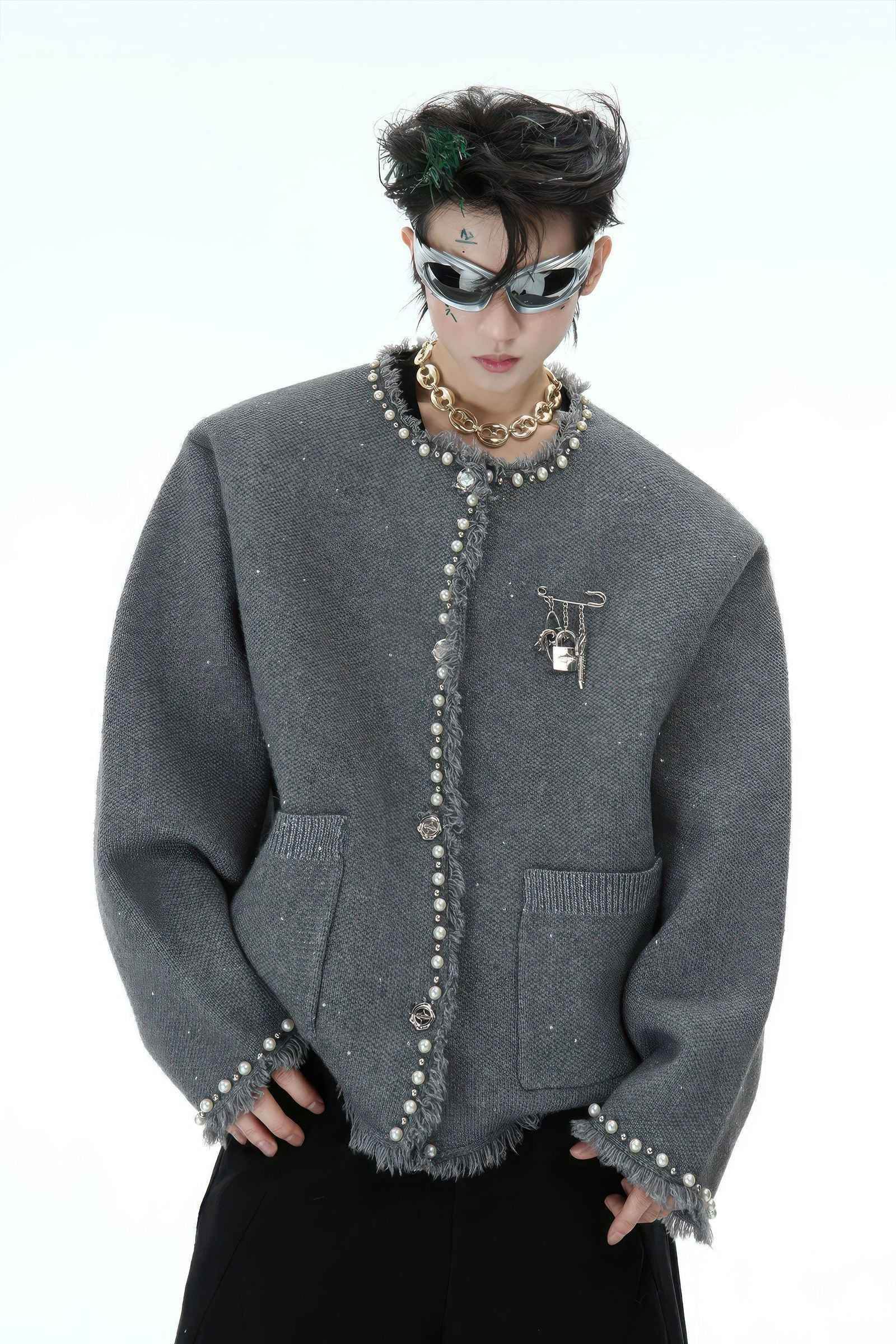Minimalist Pearl-Decorated Knitted Sweater Jacket with Brooch Accent - 5SION